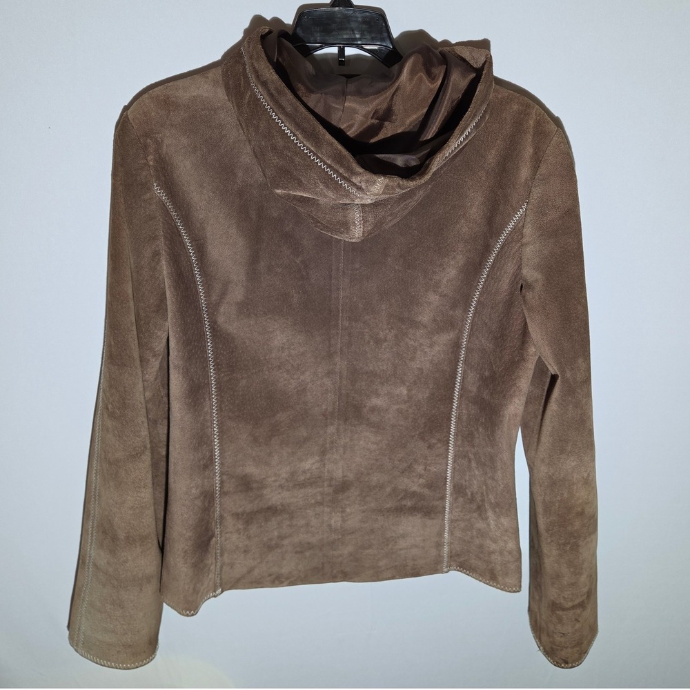 Authentic Washable Suede Jacket Womens M Brown Good Hooded Zip Leather Stitching - Picture 2 of 11